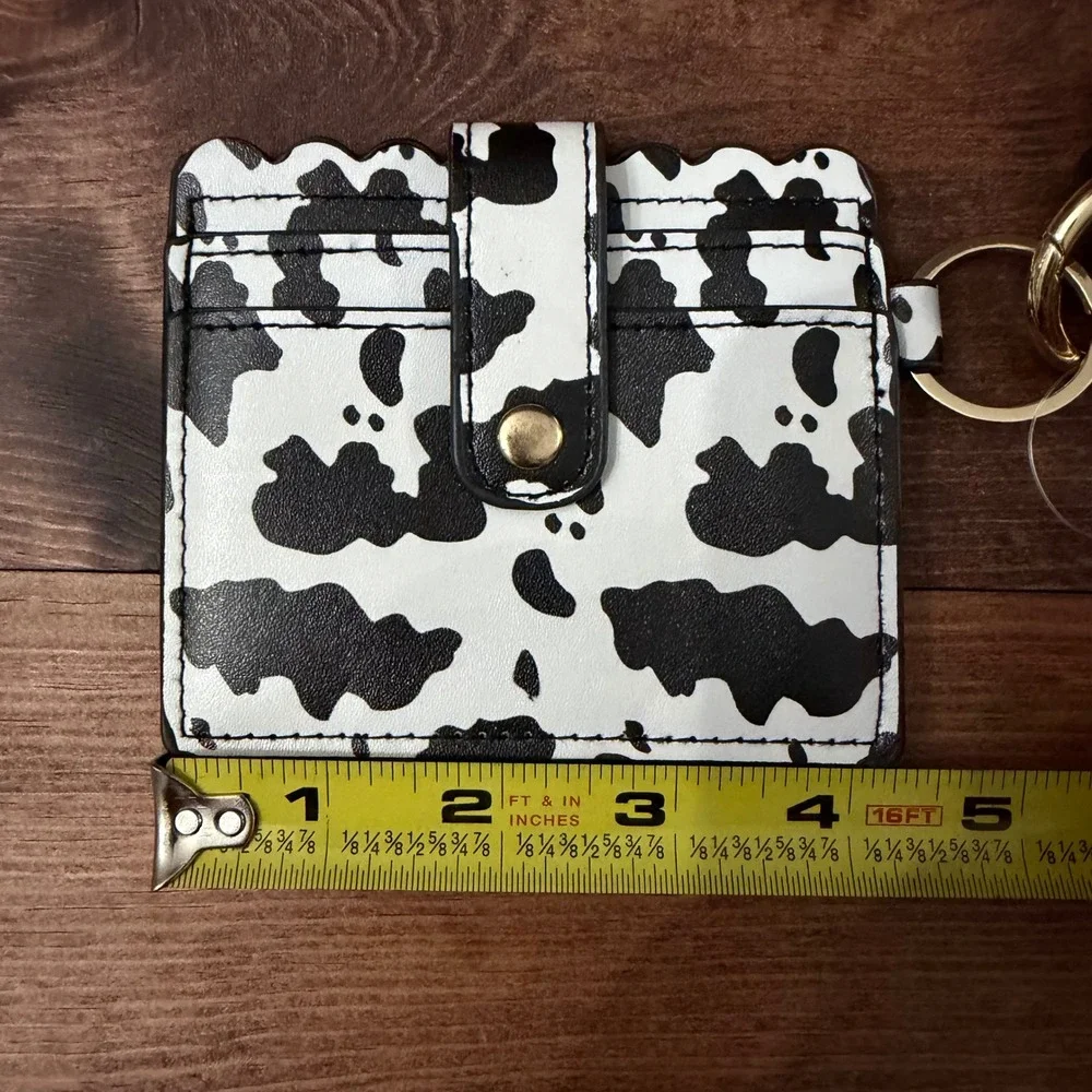 Cow Print Card Holder Wallet with Silicone Bead Wristlet Keychain Tassel Black